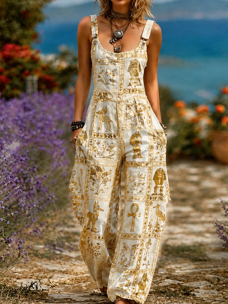 Women's Retro Style Art Print Washed Cotton Denim Patchwork Jumpsuit